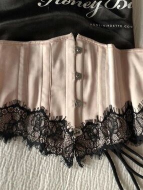 Honey Birdette Pale Pink Corset with Black Lace Trim